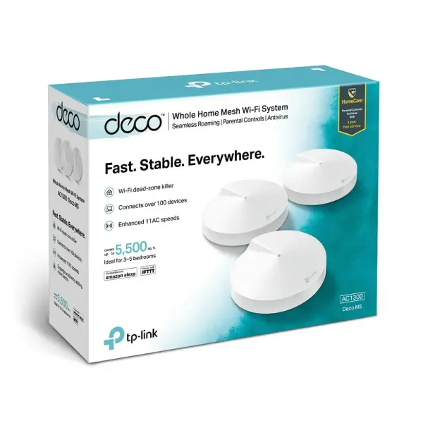  TP-LINK Deco M5 3-pack Sistema WiFi mesh AC1300 dual band 867Mbps 5GHz 400Mbps 2.4GHz cobertura 510m² 2 puertos Gigabit 
