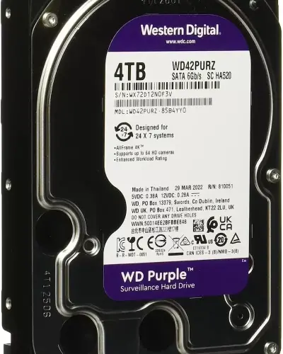  WESTERN DIGITAL WD PURPLE Disco Duro Vigilancia 4TB 3.5" SATA 6Gb/s 5400RPM 64MB Cache AllFrame 180TB/año 24/7 