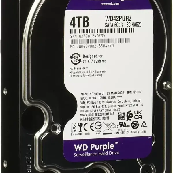  WESTERN DIGITAL WD PURPLE Disco Duro Vigilancia 4TB 3.5" SATA 6Gb/s 5400RPM 64MB Cache AllFrame 180TB/año 24/7 